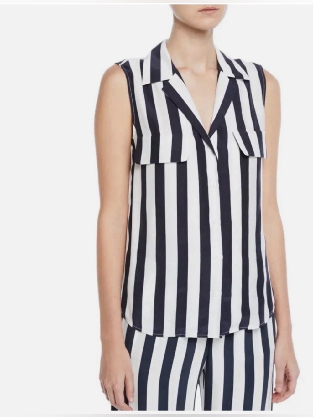 FRAME Sleeveless Navy/White Stripe Silk Blouse Size M